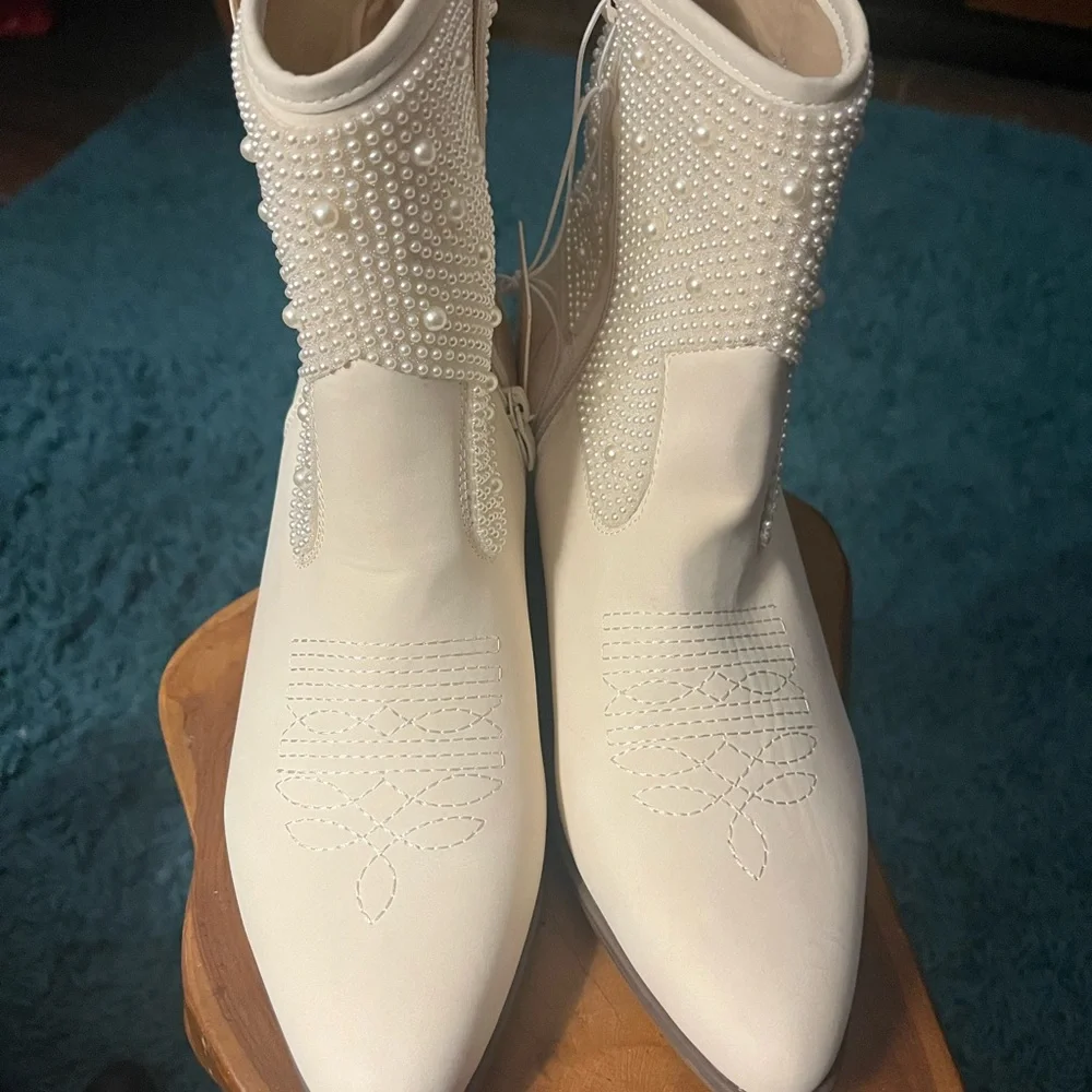 Olivia & Kate Women's White Embellished Ankle Boots - Picture 3 of 7